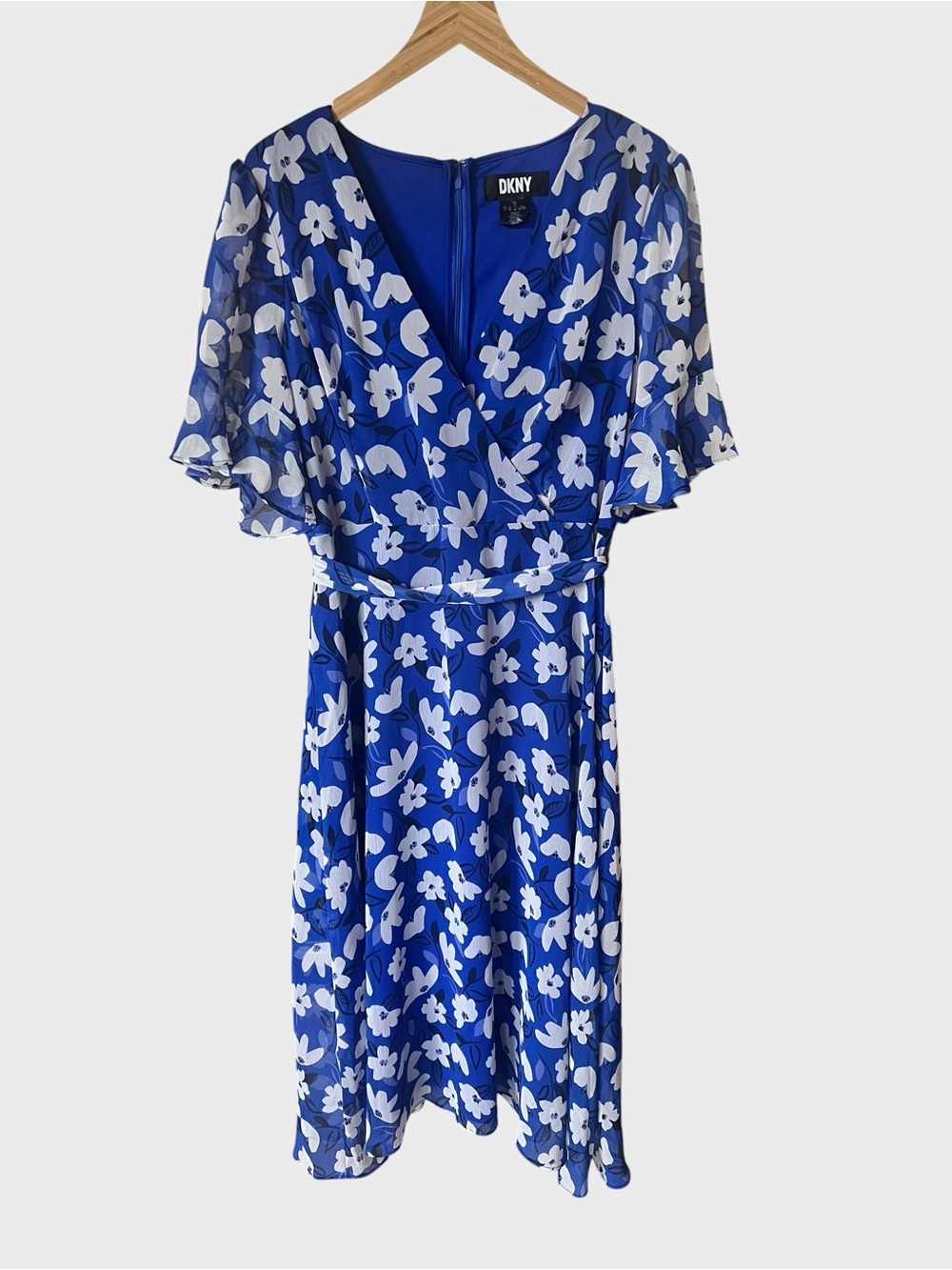 DKNY blue and white ruffled floral dress